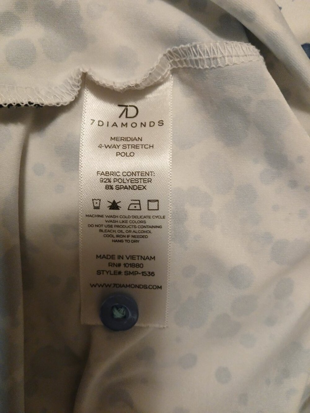 7 Diamonds 4 Way Stretch Golf Polo Shirt Men's Medium Blue/White Splatter EUC - Picture 7 of 8